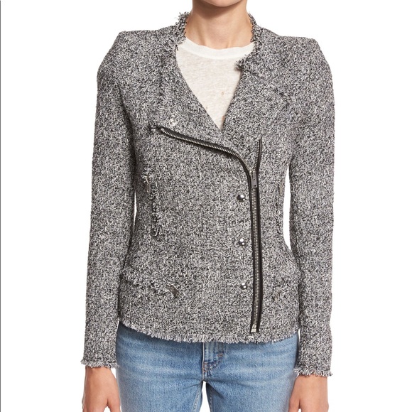 IRO Carlota Asymmetric Tweed Boucle Jacket Blazer Black/White Sz 2 - Picture 2 of 4